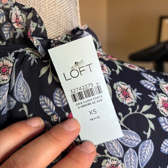 LOFT Floral Smocked Ruffle Tie Neck Blouse Navy Long Sleeve Flowy - Picture 5 of 6